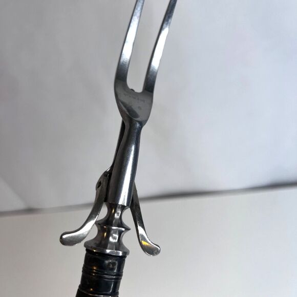 Stainless Carving Fork VTG Solid Wood Handle with Finger Grooves Kickstand MCM - Picture 8 of 14